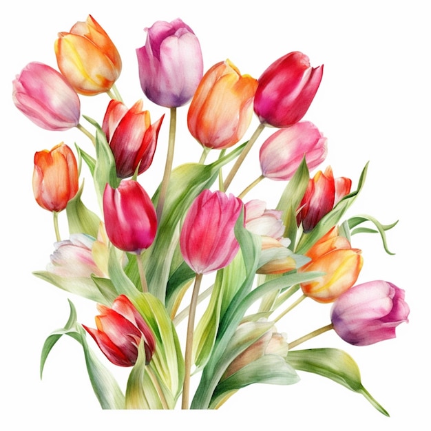 A bouquet of tulips with green leaves.