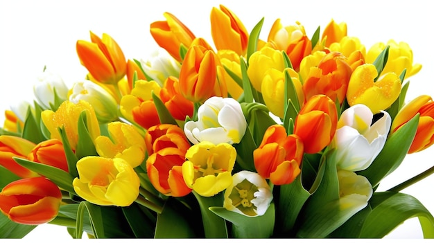 A bouquet of tulips with one of the yellow ones