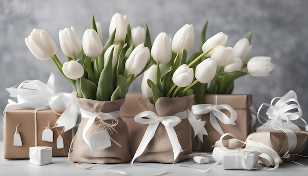 a bouquet of tulips with a white bow on the top