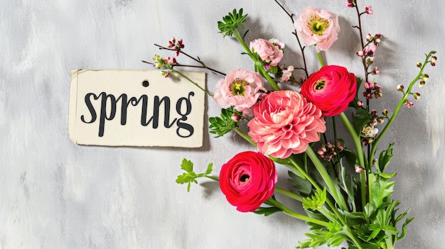 a bouquet of vibrant flowers against a light background featuring the word spring in a modern minimalist style for a fresh and contemporary feel