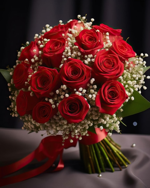 bouquet of vibrant red roses interlaced with delicate baby's breath