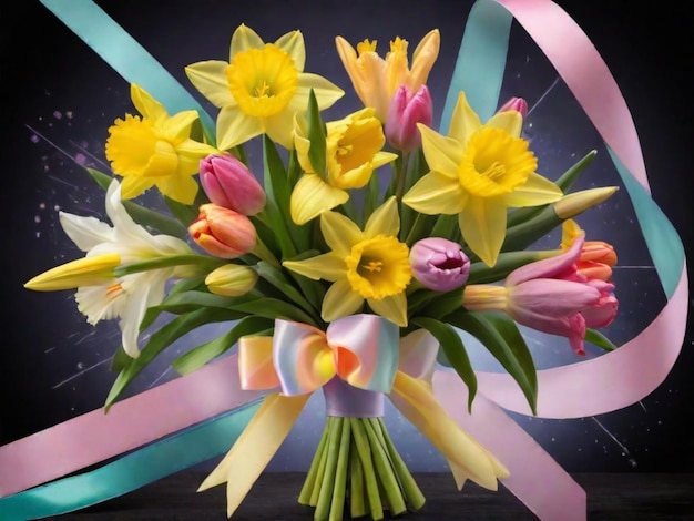 A bouquet of vibrant spring flowers like daffodils tulips and lilies tied with a pastel ribbon placed on dark technology abstract background