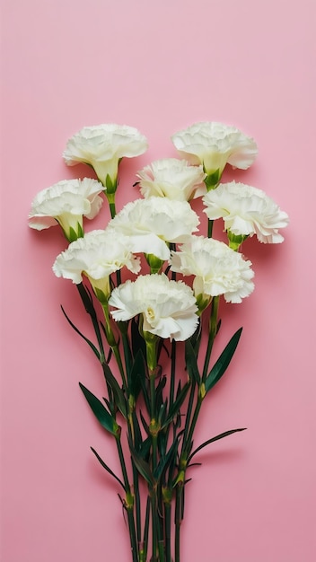 Bouquet of white carnations on a pink background isolated flat lay