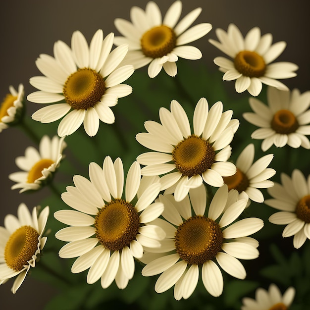 A bouquet of white chamomile close up with a yellow center on green stems Nature illustration Generative AI