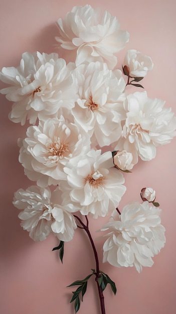 a bouquet of white flowers on a pink background