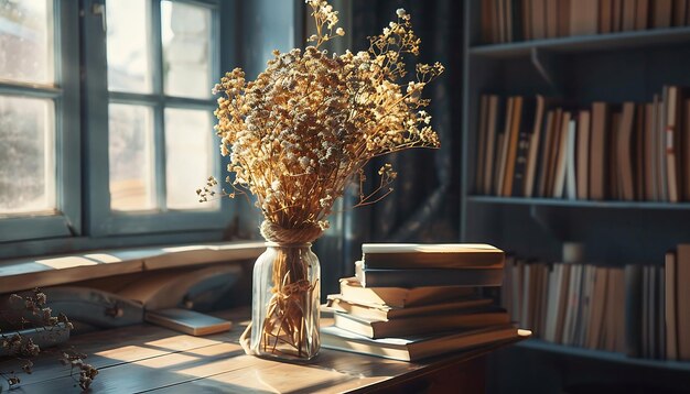 Photo a bouquet of white flowers in a vase stands on the windowsill next to books