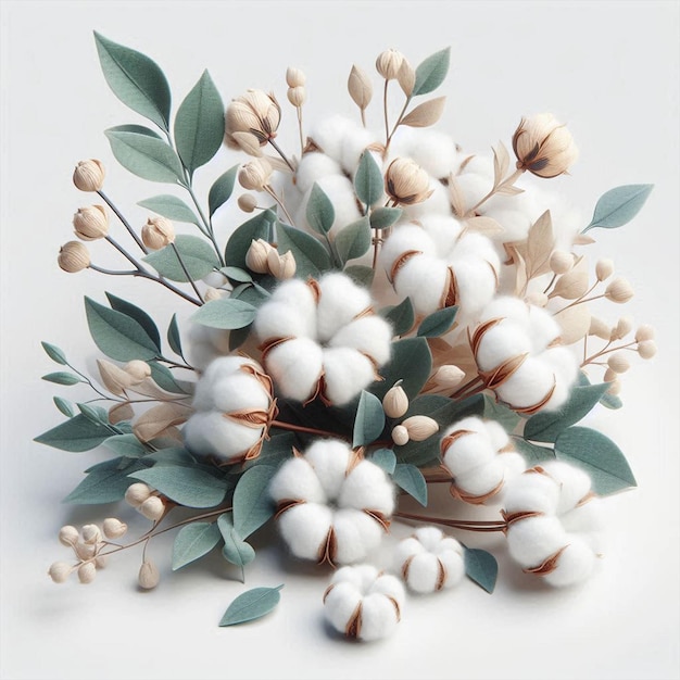 a bouquet of white flowers with green leaves and a white background