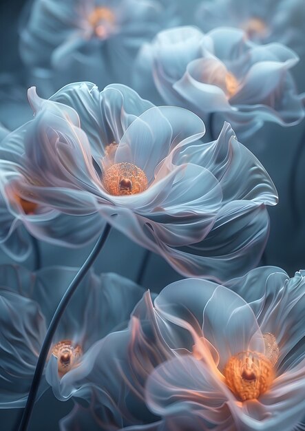 A bouquet of white flowers with orange petals The flowers are arranged in a way that they look like they are floating in the air