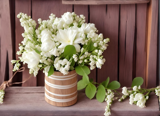 Bouquet of white flowers on wooden background