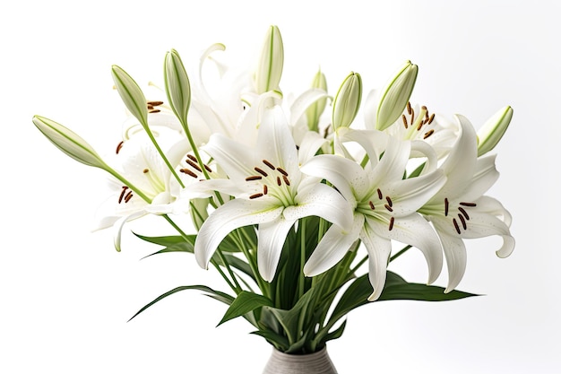 A bouquet of white lilies with green leaves