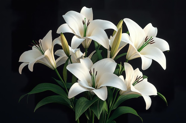 Photo a bouquet of white lilies with their elegant trumpet shaped blooms and dark green leaves