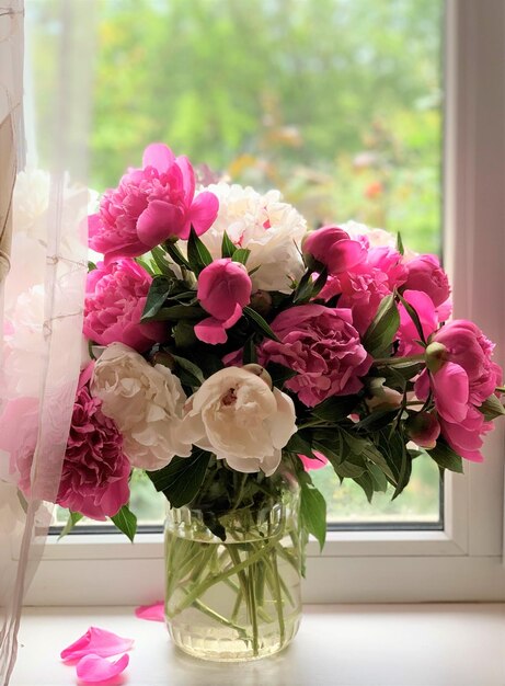 bouquet of white and pink peonies