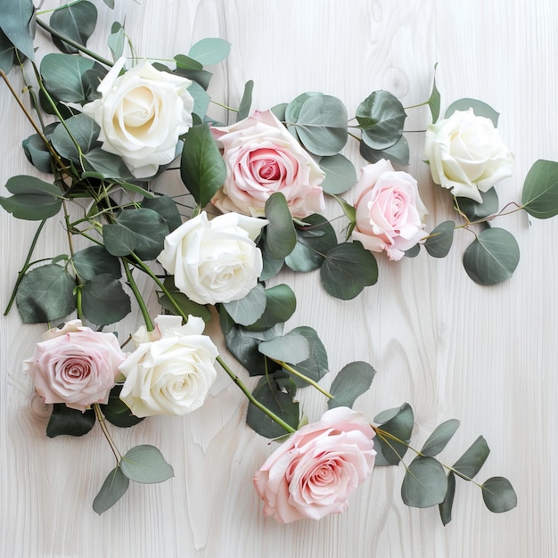 Photo a bouquet of white and pink roses with green leaves