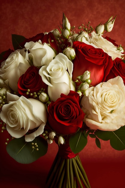 A bouquet of white and red roses flowers as symbol of love and romance against a red color