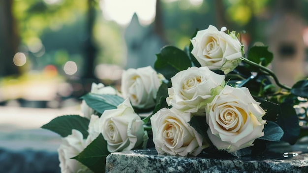 Bouquet of white roses resting solemnly on a marble grave