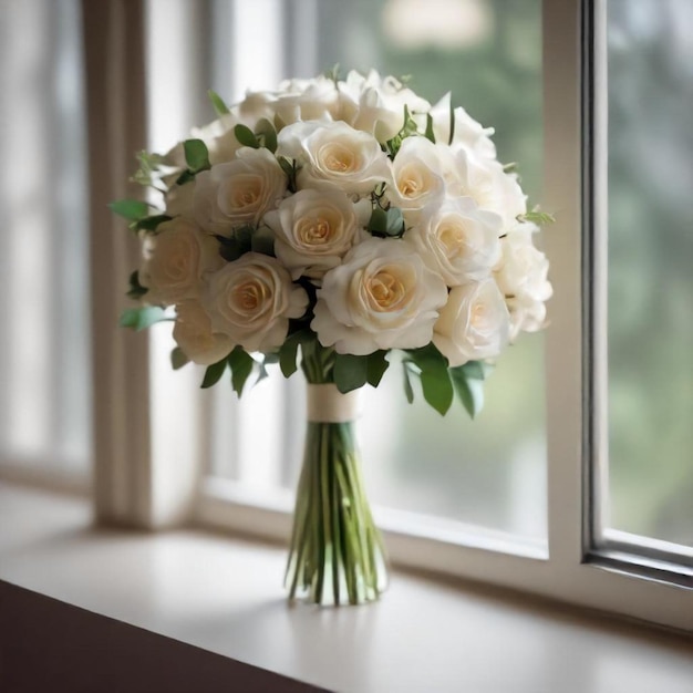 a bouquet of white roses sits on a window sill