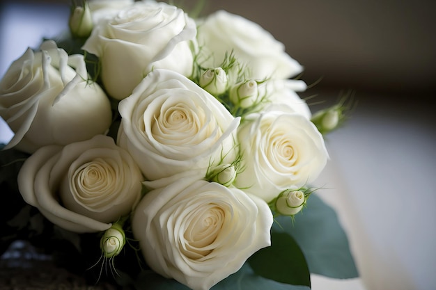 Bouquet of white roses in soft focus against a background of white