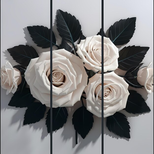 a bouquet of white roses with black leaves and a black leaf