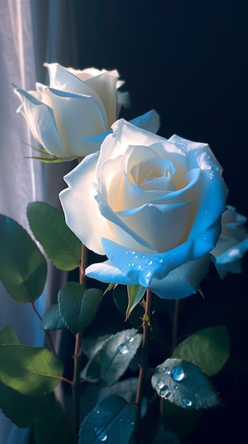 A bouquet of white roses with blue leaves and the word love on it.