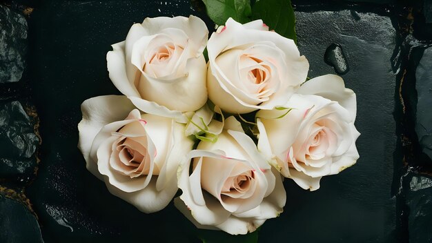 a bouquet of white roses with a green stem