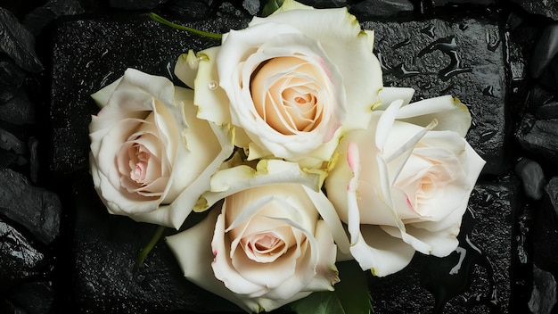 a bouquet of white roses with pink and yellow petals