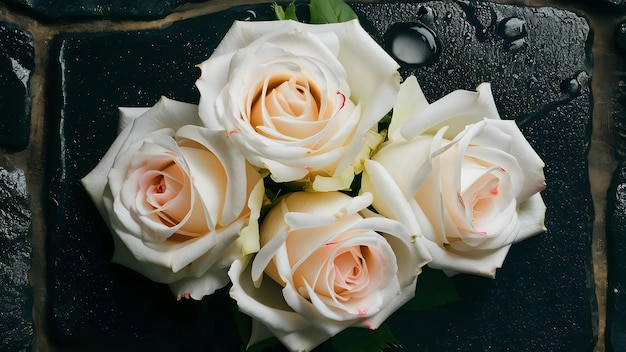 a bouquet of white roses with water drops on the top