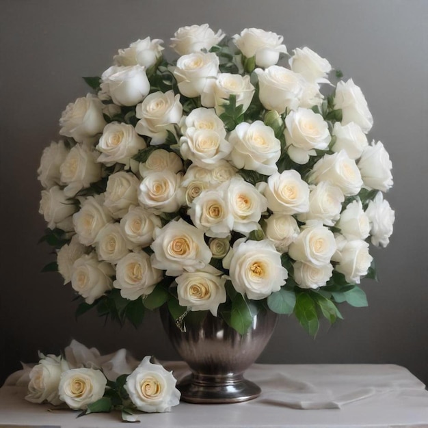 a bouquet of white roses with the words  the name  on the top