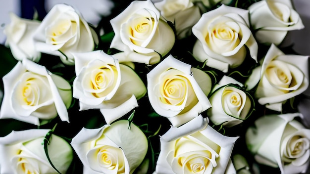 A bouquet of white roses with a yellow center.