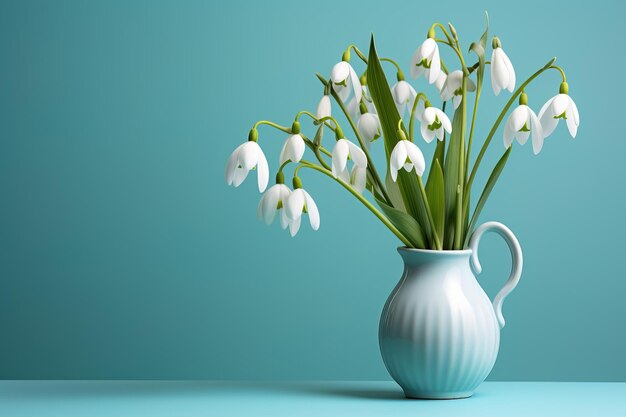 A bouquet of white snowdrops in a small pot on a table in a minimalist style