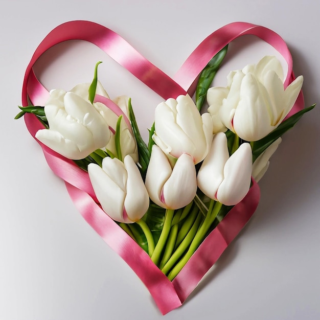 Bouquet of white tulips pink ribbon arranged in the shape of a heart on a white background