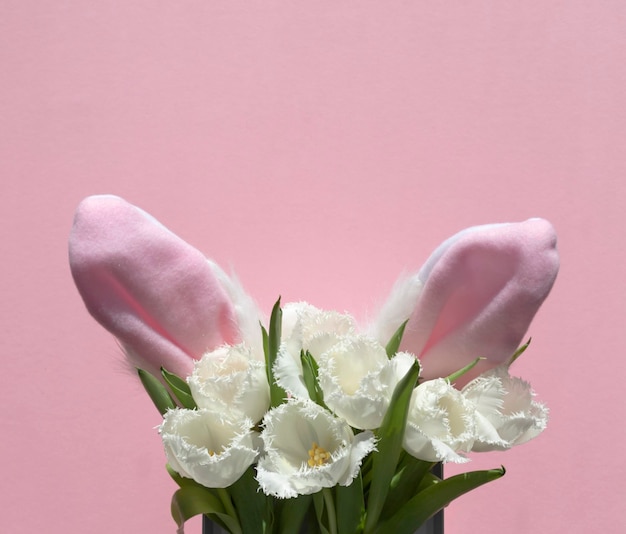 bouquet of white tulips and rabbit ears copy space pink background