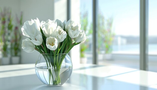 A bouquet of white tulips in a transparent glass vase closeup on a table on a blurred background