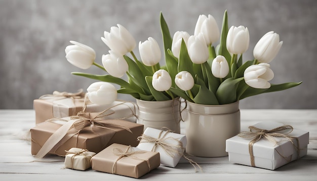 a bouquet of white tulips with a box of gift boxes on the table