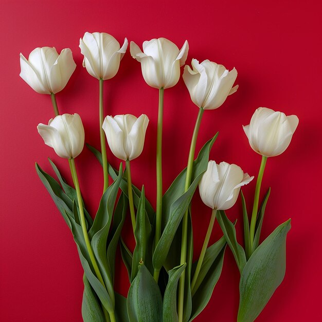 a bouquet of white tulips with green leaves on a red background