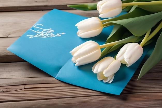 A bouquet of white tulips with a love note and color envelope on blue wooden boards