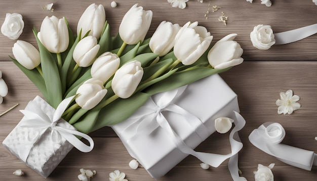 a bouquet of white tulips with a white bow on a wooden table