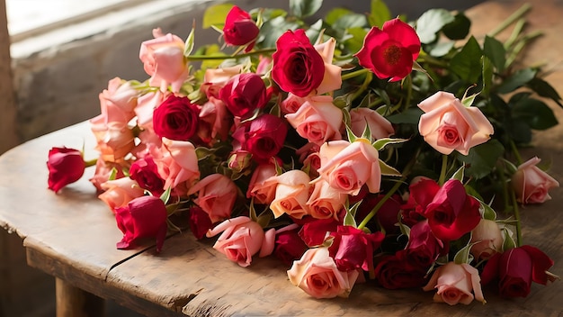 Bouquet of wild roses on a wooden table