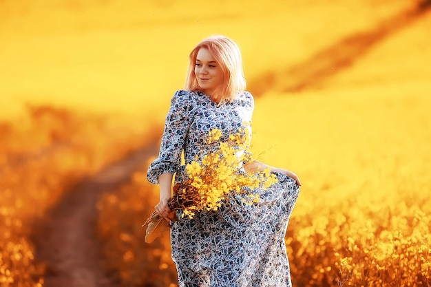 bouquet of wildflowers girl summer female, nature woman outside in dress, sunny yellow happiness