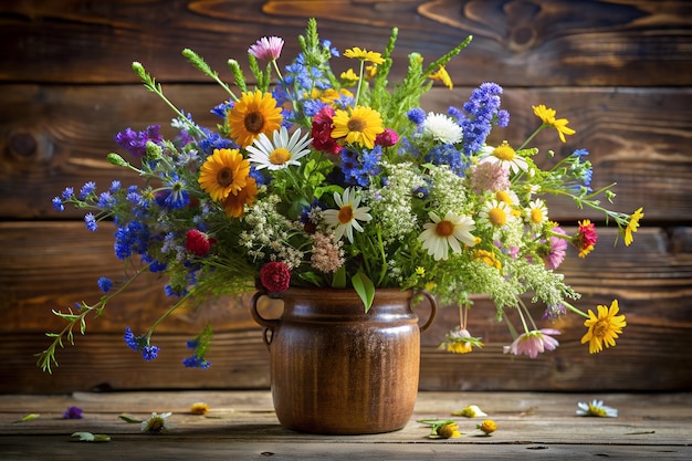 a bouquet of wildflowers in a rustic vase Rustic vase with colorful wildflowers wooden surface