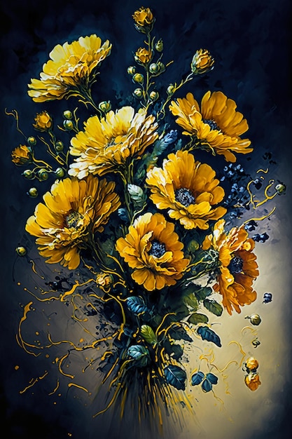 Bouquet of wildflowers in yellow watercolor painting.