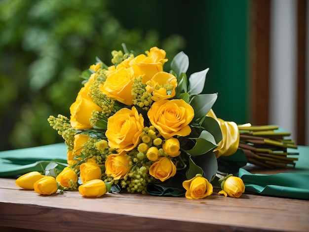 Bouquet on Wooden Table