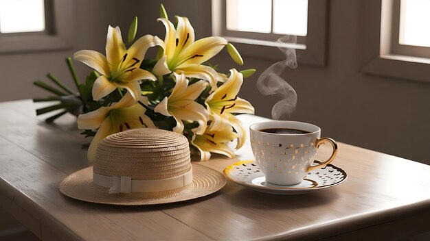 A bouquet of yellow lilies a hat and a cup of coffee on a wooden table breakfast