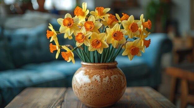 A Bouquet of Yellow and Orange Daffodils in a Brown Pottery Vase