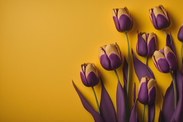 Bouquet of yellow and purple tulips on pastel background Mothers day Valentines Day Birthday celebration concept Greeting card Copy space for text top view