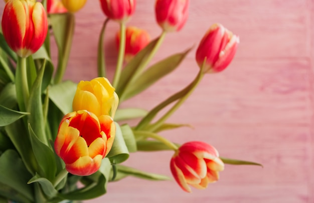 Bouquet of yellow, red and pink tulips on a pink wooden background copy space.