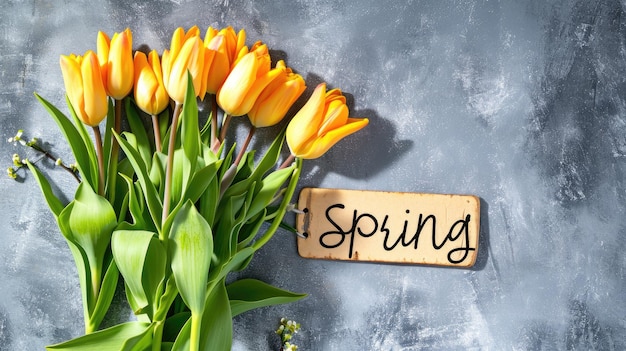 a bouquet of yellow tulip flowers against a light background complemented by the word spring designed in a modern minimalist style for a fresh and vibrant visual narrative