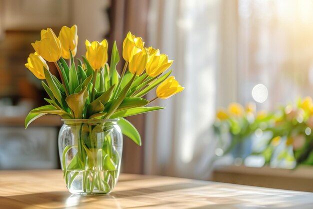 A bouquet of yellow tulips in a glass transparent vase closeup on a table on a blurred background