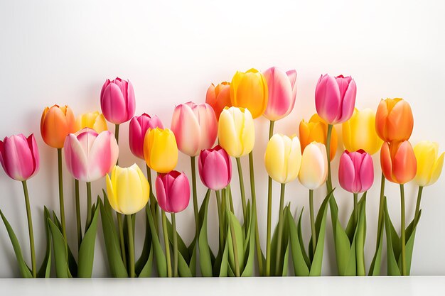 A bouquet of yellow tulips laptop and a computer mouse on a white background