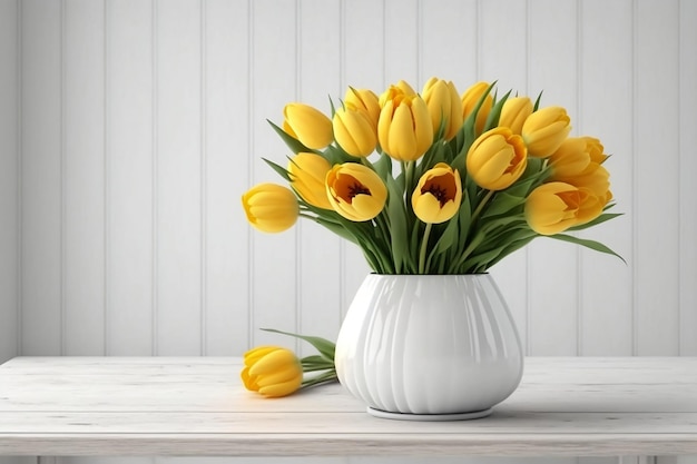 Bouquet of yellow tulips in a vase on a white wooden table floral background Festive frame gift card with copy space floral layout Image is AI generated