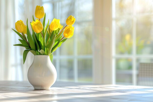 A bouquet of yellow tulips in a white vase closeup on a table on a blurred background in a home sun